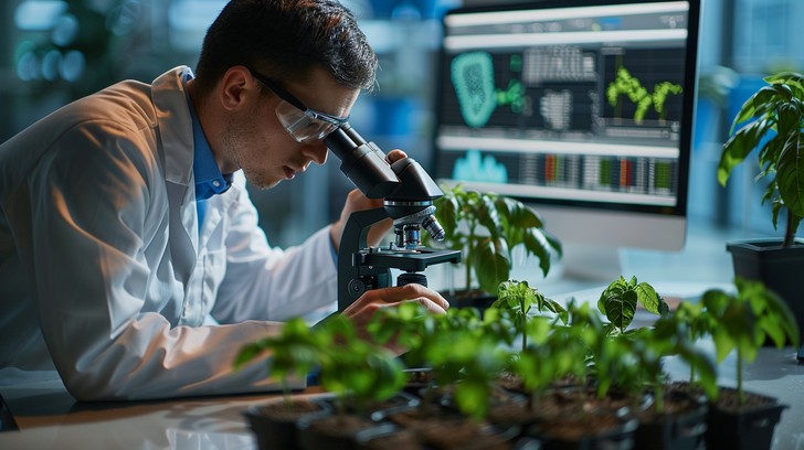 Plant scientist examining specimens under a microscope